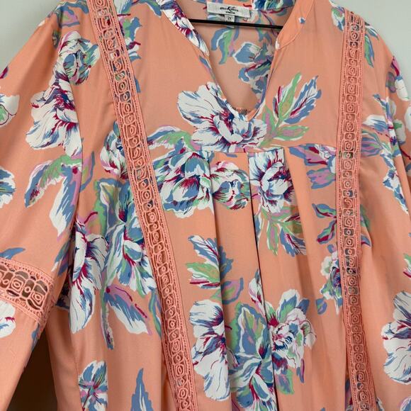 Moa Moa Top Women 2X Peach Floral V-Neck Long Sleeve Blouse Cottage Crochet Trim - Picture 4 of 9